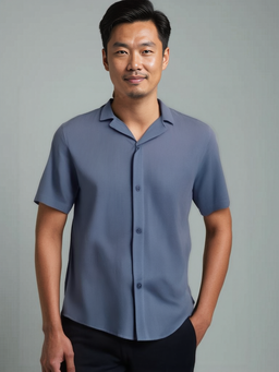 Camisa Azul de Cuello Cubano con Textura