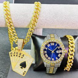 Hip Hop Quartz Watches for Men Miami Cuban Chain With Bracelet Set Playing Cards Pendant Necklace Jewelry Sets Wristwatches