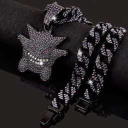 Hip Hop Bling Cartoon Ghost Charms Gengar Pendant Necklace Cuban Chain Diamond Red Eye Fun Gengar Miami Mens Jewelry Gift