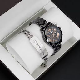 Beautiful Couple Watch Gift Set Black Watch High Quality Stainless Steel Bracelet Creative Gift Quartz Watch for Men and Women