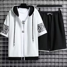 2025 Summer New Hooded Casual Loose Sports Top Shorts Two-piece Set Men's Cardigan Sweatshirt Set