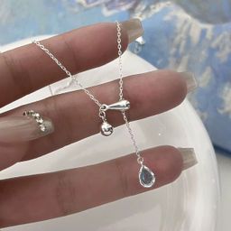 GT Blue Water Drops Necklace Adjustable Collarbone Chain Stainless Steels Jewelry Necklace
