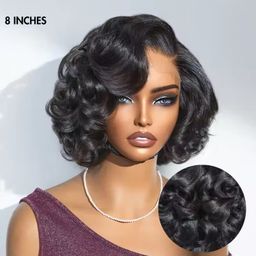Natural Black Short Curly Indian Hair Wigs, Ready to Go Loose Wave Glueless Minimalist 4x4 Lace Short Bob Wig for Women