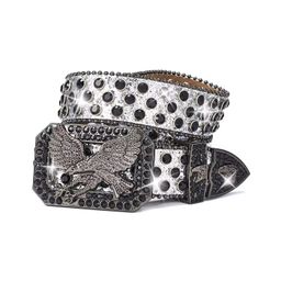 2024 New Retro Metal for Buckle Design Punk Crystal Eagle Belt with Diamond Fashion Cowboy Rhinestone Western Leather Belt