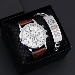 Classic Wrist Watch for Men Leather Strap Fashion Men Quartz Watches and Bracelet Set