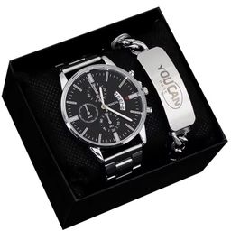 Wrist Watch for Men Simple With Calendar Dial Fashion Men Quartz Watches and Stainless Steel Bracelet Set