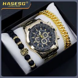 Fashion Wrist Watch for Men With Calendar Big Dial Fashion Men Quartz Watches and Bracelet Set