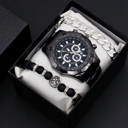 Fashion Wrist Watch for Men With Calendar Big Dial Fashion Men Quartz Watches and Bracelet Set