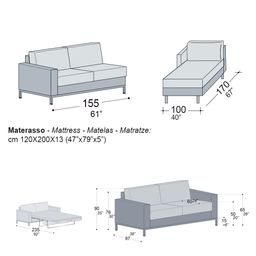 Sofa bed with peninsula in metal and polyurethane made in Italy