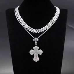 Iced Punk Rhinestone Cross Pendant with Cuban Chain Link Charm Hip Hop Jewelry Set for Men and Women Cross Pendant Rope Chain