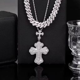 Iced Punk Rhinestone Cross Pendant with Cuban Chain Link Charm Hip Hop Jewelry Set for Men and Women Cross Pendant Rope Chain