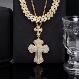 Iced Punk Rhinestone Cross Pendant with Cuban Chain Link Charm Hip Hop Jewelry Set for Men and Women Cross Pendant Rope Chain