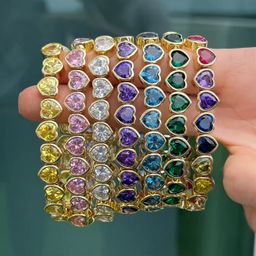 Rainbow Heart Zircon Bracelet Multicolor Tennis Chain Accessory Elegant Bangles Brass Jewelry for Women Girls