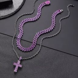 1PC Punk Iced Purple Cross Pendant Necklace Hiphop Purple Cuban Link Chain with Black Stainless Steel Chain Father's Day Gift 2 sold • Store