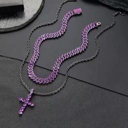 1PC Punk Iced Purple Cross Pendant Necklace Hiphop Purple Cuban Link Chain with Black Stainless Steel Chain Father's Day Gift 2 sold • Store