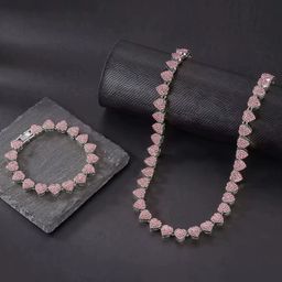 2Pcs Set Shiny Clustered Heart Iced Out Miami Necklace and Bracelet Pink/Silvery Bracelet Valentine's Day Gift for Men Women