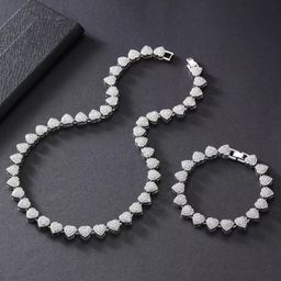 2Pcs Set Shiny Clustered Heart Iced Out Miami Necklace and Bracelet Pink/Silvery Bracelet Valentine's Day Gift for Men Women