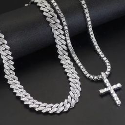 2Pcs Punk Crystal Cross Ankh Tennis Chain Iced Out Prong Cuban Link Chain Necklace for Men Women Rapper Necklaces Hiphop Jewelry