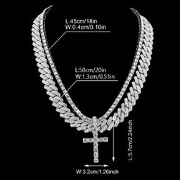 2Pcs Punk Crystal Cross Ankh Tennis Chain Iced Out Prong Cuban Link Chain Necklace for Men Women Rapper Necklaces Hiphop Jewelry