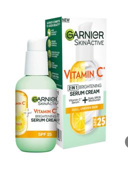 SERUM CRÈME HYDRATANT 20 % de vitamine C et SPF25 Garnier 50 ml Un sérum et une crème hydratante éclaircissants avec SPF 25 qui redonnent luminosité et clarté aux teints ternes.