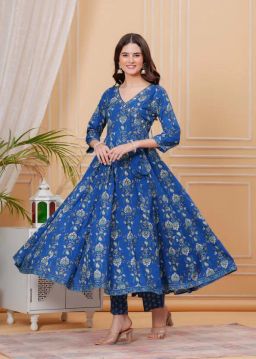 Empire Style Pure Cotton Anarkali Kurta With Trousers & Dupatta