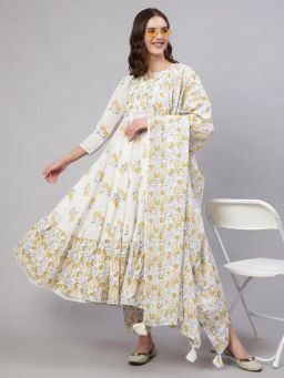 Empire Style Pure Cotton Anarkali Kurta With Trousers & Dupatta