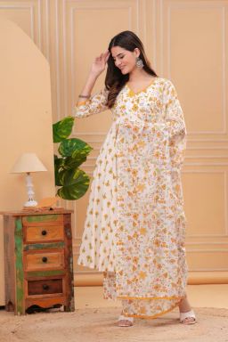 Empire Style Pure Cotton Anarkali Kurta With Trousers & Dupatta