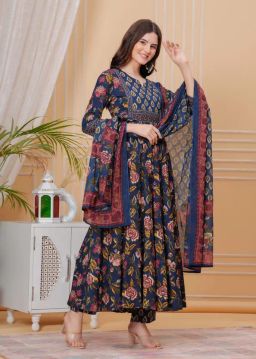 Empire Style Pure Cotton Anarkali Kurta With Trousers & Dupatta