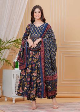 Empire Style Pure Cotton Anarkali Kurta With Trousers & Dupatta