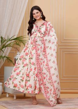 Empire Style Pure Cotton Anarkali Kurta With Trousers & Dupatta