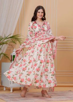 Empire Style Pure Cotton Anarkali Kurta With Trousers & Dupatta