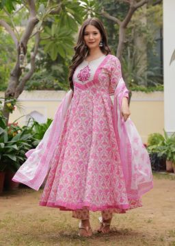 Empire Style Pure Cotton Anarkali Kurta With Trousers & Dupatta