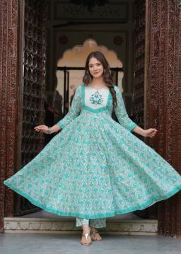 Empire Style Pure Cotton Anarkali Kurta With Trousers & Dupatta