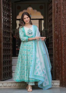 Empire Style Pure Cotton Anarkali Kurta With Trousers & Dupatta
