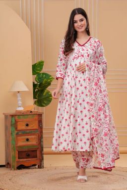 Empire Style Pure Cotton Anarkali Kurta With Trousers & Dupatta