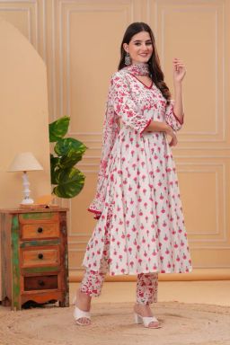 Empire Style Pure Cotton Anarkali Kurta With Trousers & Dupatta