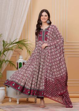Empire Style Pure Cotton Anarkali Kurta With Trousers & Dupatta