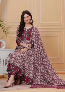 Empire Style Pure Cotton Anarkali Kurta With Trousers & Dupatta