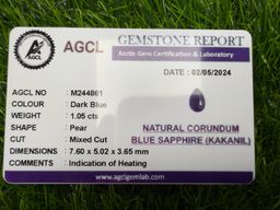 AGCL Certified 1.05ct Natural Ceylon Dark blue sapphire 