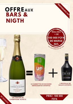 Offre Bars & Nigth Club, 01 Carton de Champagne GRAMONT Acheté (06 bouteilles) = 24 Cannettes de Boissons Energisantes BONI Offertes + 01 Bouteille de Baileys Offerte. Prix de vente: 180 000 FCFA  Bénéfice: 12 000 FCFA . Offre valable jusqu'au 10 Aout 2025