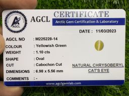 AGCL certified 1.1ct Natural Chrysoberyl cats eye