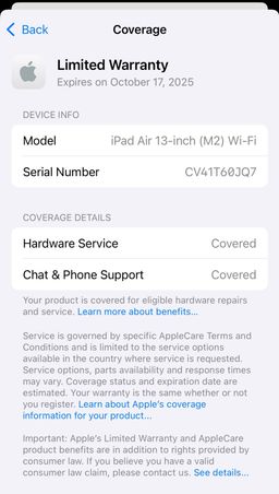 iPad Air 13 inch M2 with apple warranty