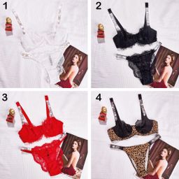 L - Lace Rhinestone Lingerie Set - Polyester Fabric 