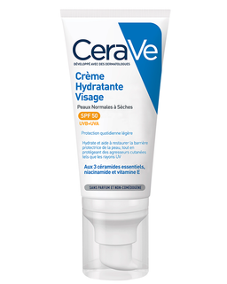 Crème Hydratante Visage SPF50 de CeraVe est un soin qui hydrate les peaux normales à sèches. Cette crème à la texture légère non collante s'applique sur le visage et le cou
