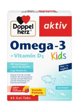 OMEGA 3 kids Ce sont des comprimés à mâcher pour enfants, aromatisés à la fraise et aux agrumes.  La Vitamine D3 contribue au fonctionnement normal du système immunitaire et à la croissance et au développement des os chez les enfants. 