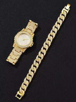 Golden Iced Watch Steel + Bracelet + Jewelry box