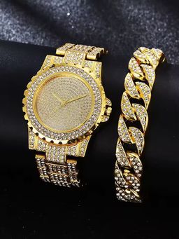 Golden Iced Watch Steel + Bracelet + Jewelry box