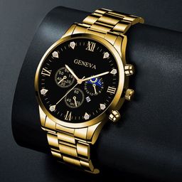 Golden Steel Watch + Bracelet (Free Jewelry box)