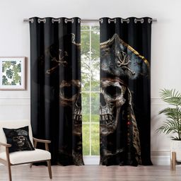 Rideau Occultant Crâne - Rideau Thermique Motif Pirate Squelette Gothique, Rideaux Chambre Salon Fenetre, Lot de 2 Rideaux et Draperies Intérieurs à Oeillets, 140x220 cm (LxH) P#-350