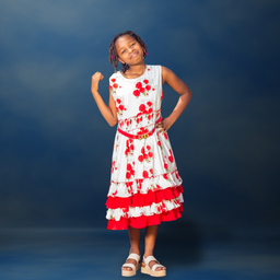 Nabotique Girls Dress & Belt in Creamy White with red flowers and Red lining